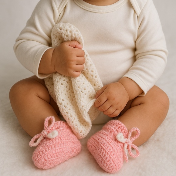 Kkcollectionsss Other - Handmade Crochet Baby Booties – Pink & White | Soft Newborn Shoes (0–3 Months)